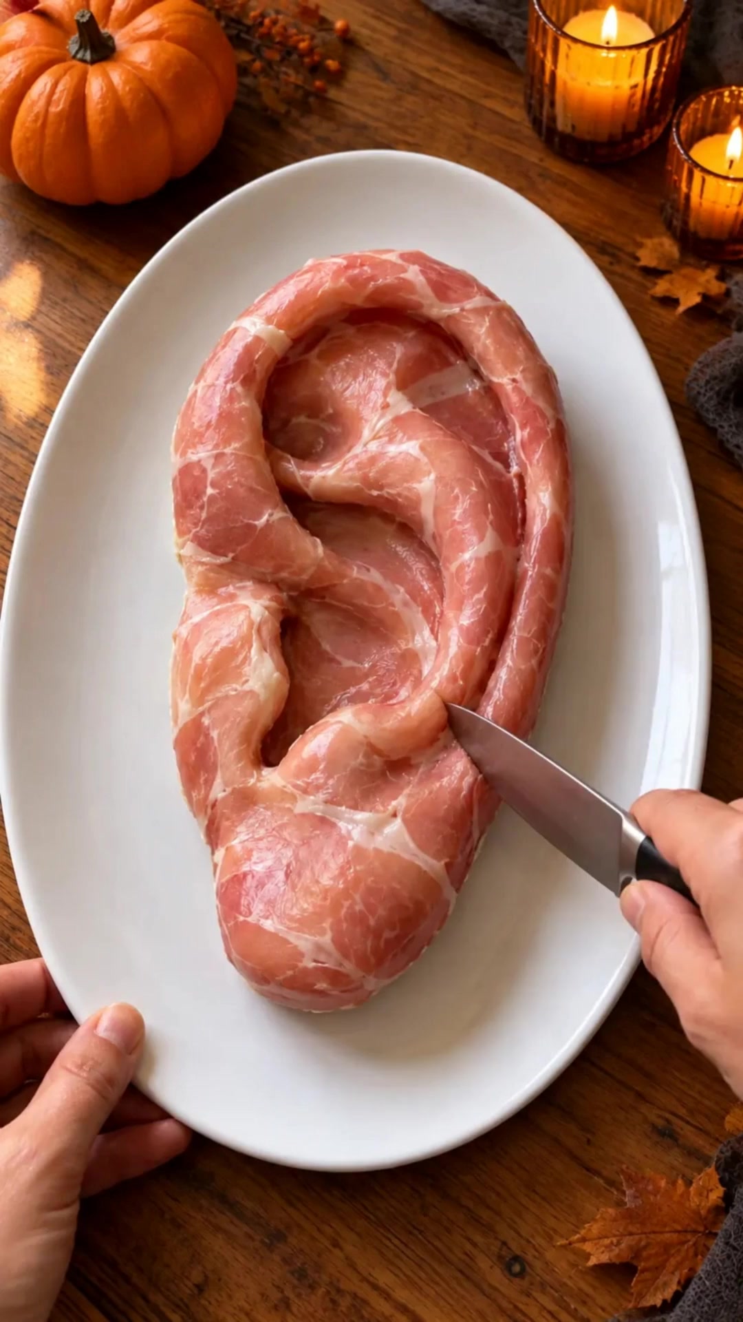 Une préparation apéritive en forme d’oreille, aux plis incurvés et au lobe arrondi, couverte de jambon cru sur une assiette blanche. Concept culinaire généré par IA.
