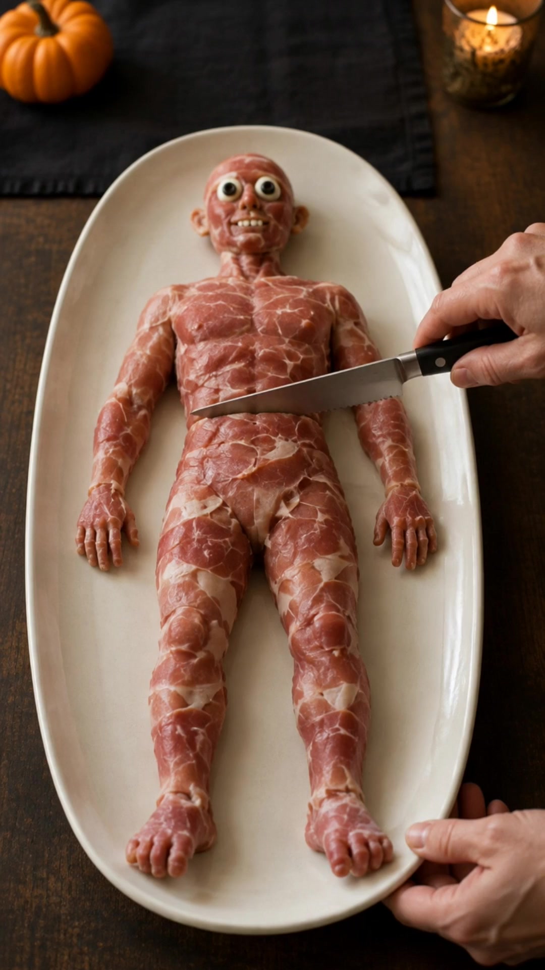 Un petit personnage sandwich recouvert de jambon cru, avec des yeux en œufs de caille, des pupilles en olive et de petites dents en fromage. Concept culinaire généré par IA.