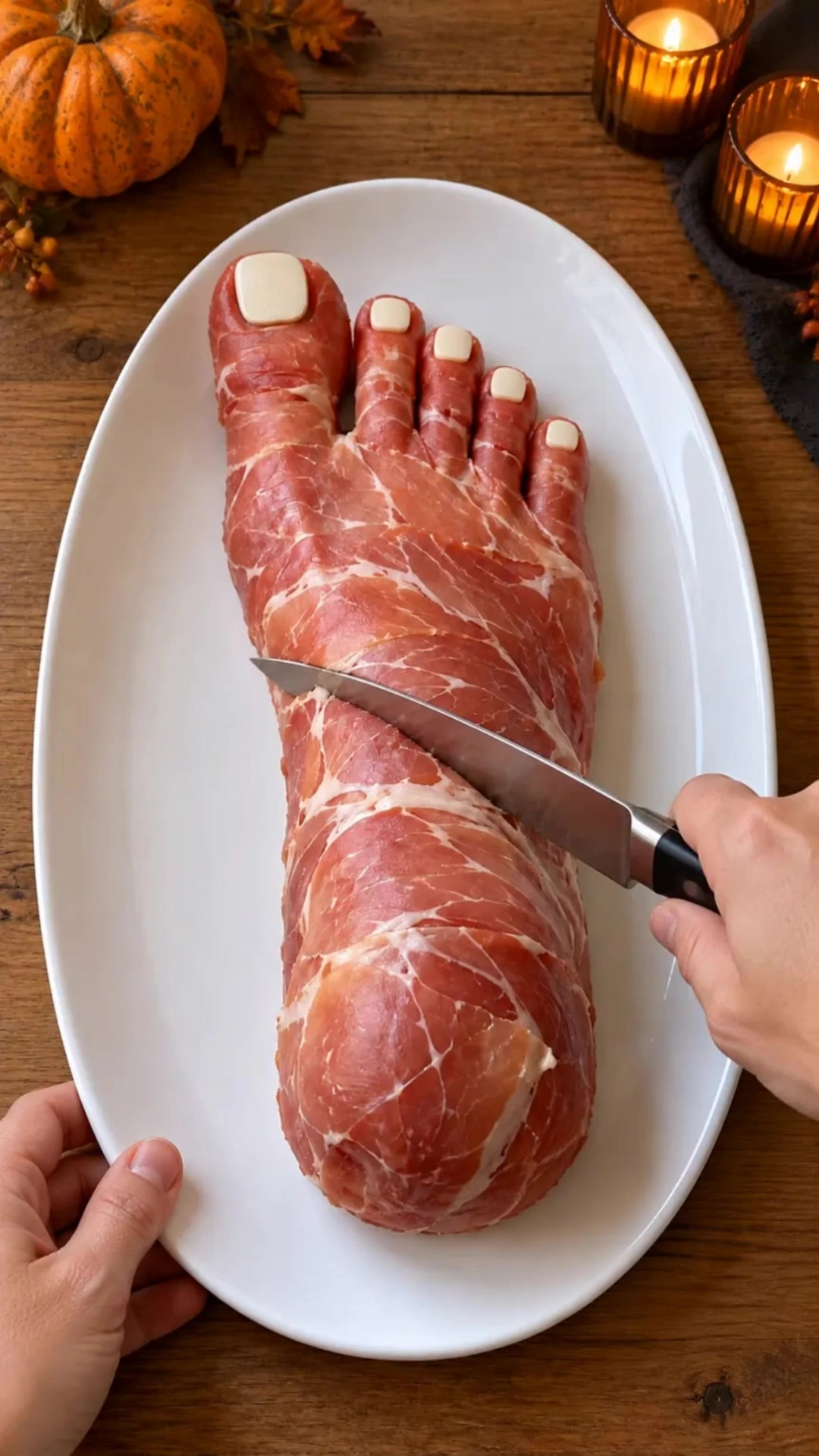 Un apéritif en forme de pied à cinq orteils, couvert de jambon cru sur une assiette blanche, avant la découpe. Concept culinaire généré par IA.