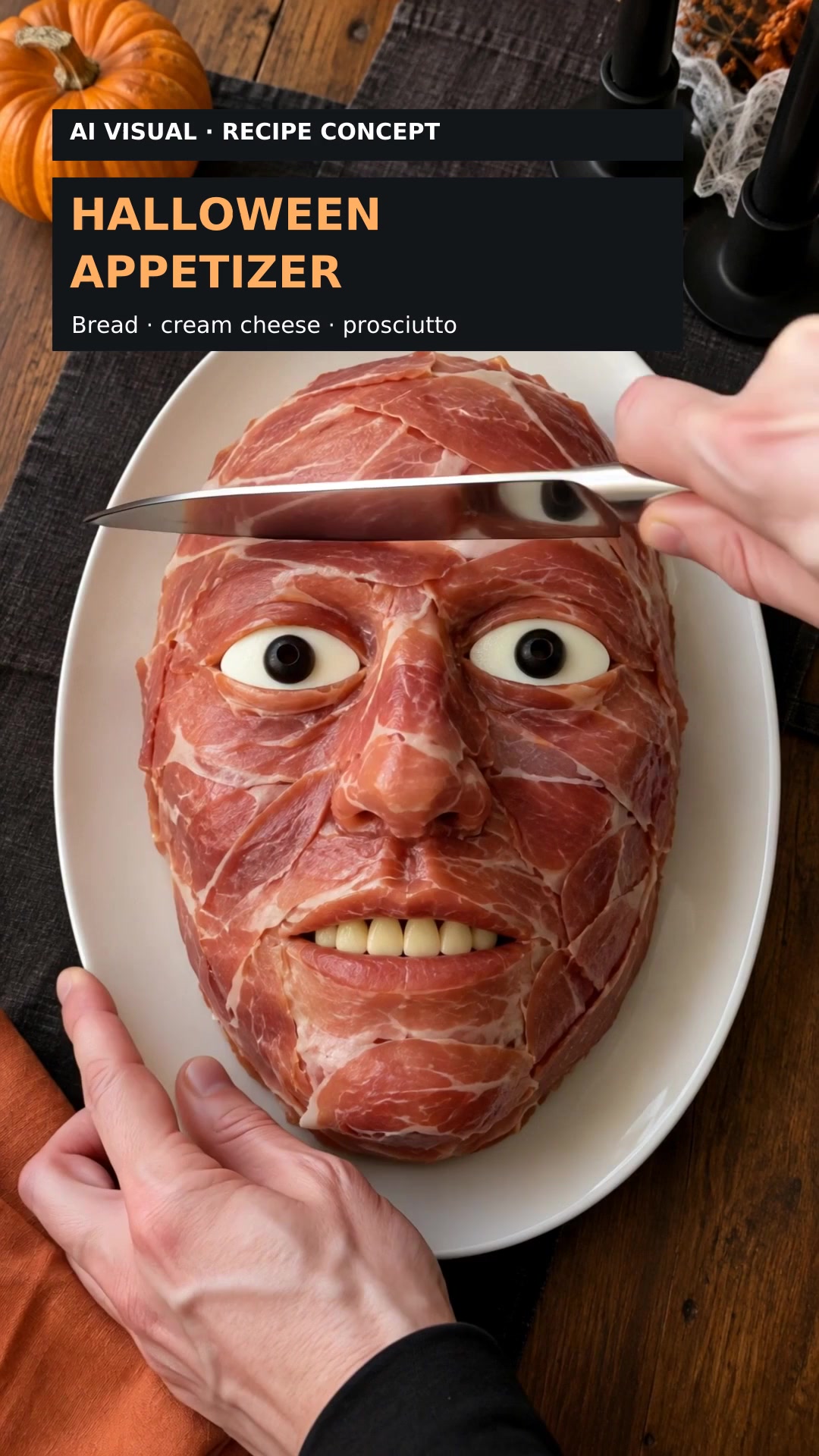 Une préparation salée en forme de tête, recouverte de jambon cru sur une assiette blanche, avant découpe. Concept culinaire généré par IA.